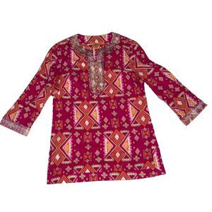 Tory Burch Tunic Top Pink Gold Beaded 3/4 Sleeve Geometric V-Neck Boho Beach 8